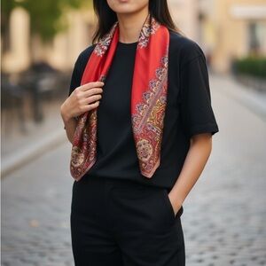 VTG 60s Queen Pearl by Yamashita Brand Acetate Silky Scarf Headscarf Paisley Red